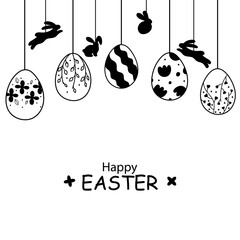 Easter card with garland of vintage Easter eggs and bunnies on white background with place for your text. Garland with silhouettes of vintage eggs suspended on strings with bunnies.