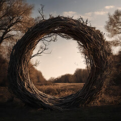 Portal nest, circle of dry branches. - obrazy, fototapety, plakaty