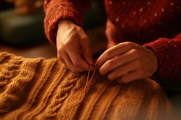a woman's hands against a knitted jumper