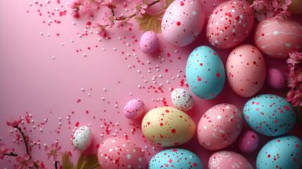 Fototapeta na wymiar Flat lay frame with colored Easter eggs on a pink background. Happy Easter concept banner with copy space. Top view design for spring  template, card, poster, ads. 