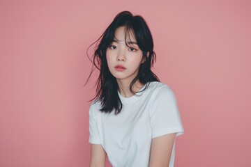 Fototapeta premium Graceful Korean Woman Channeling 90s Fashion: Mid-Length Straight Black Hair, White Tee, Denim, Isolated Setting