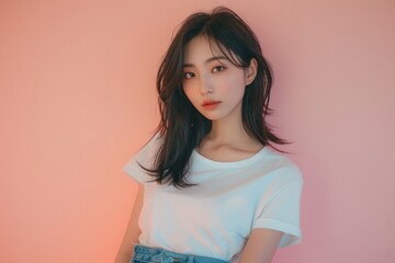 Chic Korean Beauty Sporting 90s Vibe: Mid-Length Straight Black Hair, White T-shirt, Jeans, Plain Background