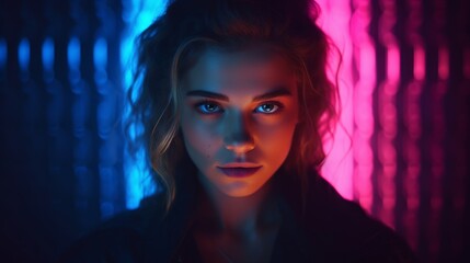 a collage of a young woman's close-up portraits with surreal neon lighting. The scene should have a central image in sharp focus, flanked by mirrored reflections in red and blue hues