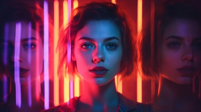 a collage of a young woman's close-up portraits with surreal neon lighting. The scene should have a central image in sharp focus, flanked by mirrored reflections in red and blue hues