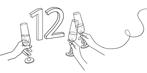 Continuous line champagne cheers one line art, number 12 with glasses continuous drawing contour. Cheers toast festive decoration for holidays. Vector illustration	