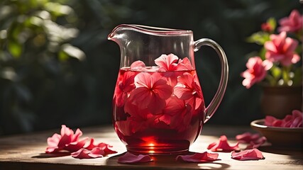 A pitcher of iced hibiscus tea with floating petals under dappled sunlight - obrazy, fototapety, plakaty
