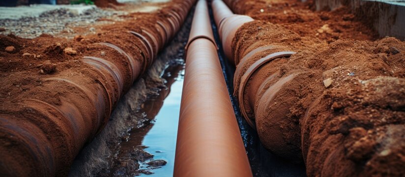 A row of pipes laid out in the dirt, showcasing efficient drainage solutions for managing water flow. The pipes are organized in a straight line, ready to be installed for optimal functionality.