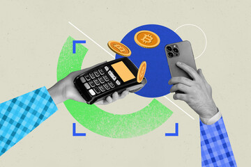 Creative collage picture wireless payment cashless purchase pos terminal bitcoin golden coins wealthy customer digital ebanking