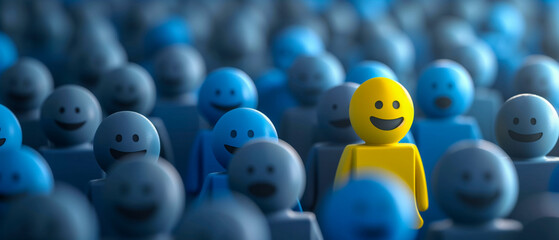  Yellow Smiling Figure in a Crowd, Depicting Uniqueness in HR and Business Concept