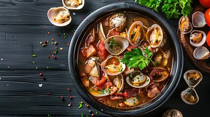 omato clam soup with clams topped with bacon on a black wooden table background.
