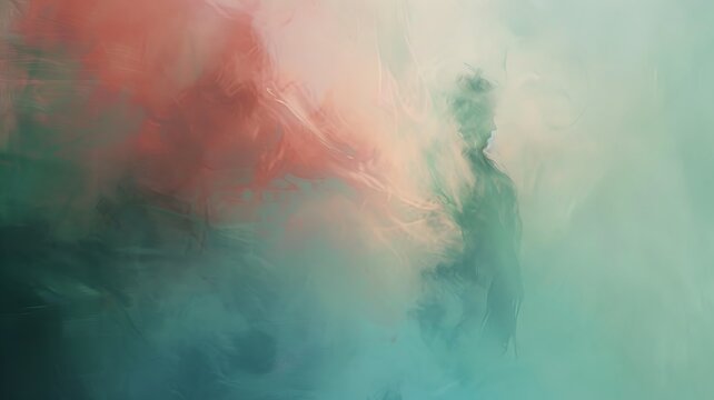 Composi&ccedil;&atilde;o abstrata imita a fluidez da &aacute;gua em tons past&eacute;is de verde e vermelho.