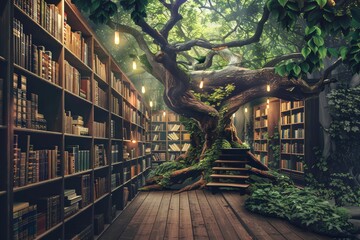 A majestic tree stands tall in an outdoor library, its branches adorned with shelves of books for readers to explore - obrazy, fototapety, plakaty