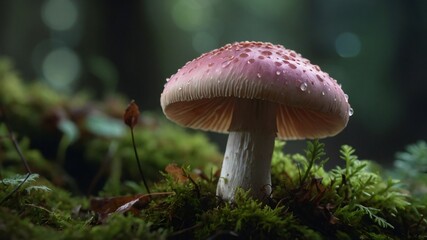 Magical View of  Mushrooms in forest with dew