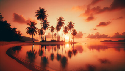Fototapeta na wymiar Sunset at Tropical Beach with Palm Silhouettes in Peach Tone