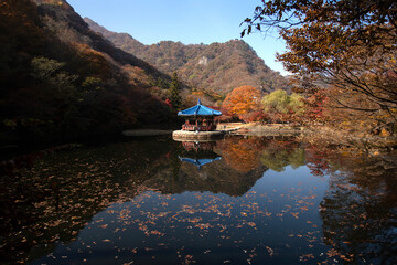View of the traditional Korea pavilion on the autumn lake