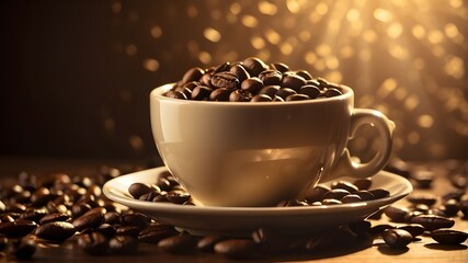 cup of coffee with beans, Cascading coffee beans surrounding an espresso cup in golden morning light