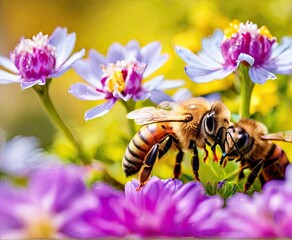 Two Honey bees on the colorful flowers, collecting pollen in the spring season With Love