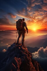 Vertical rear view of a mountain climber standing on top of a mountain above a valley and looking at a beautiful orange sun in a cloudy sky - obrazy, fototapety, plakaty