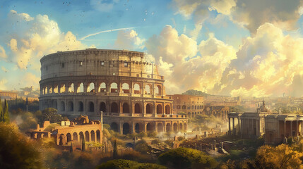 A journey through the Roman Empire at its zenith showcasing the architectural marvel of the Colosseum the bustling Roman Forum and the advanced engineering of aqueducts embodying the might and - obrazy, fototapety, plakaty