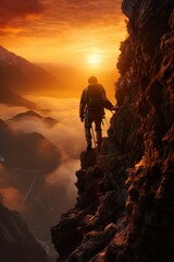 Vertical rear view of a climber standing on the edge of a cliff above a mountain valley and looking at a beautiful orange sun in a cloudy sky