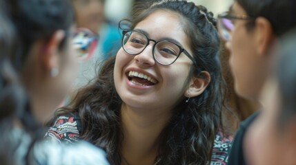 Obraz premium A closeup of a group of students participating in a language immersion program eagerly conversing with each other in their newly learned language illustrating the communication