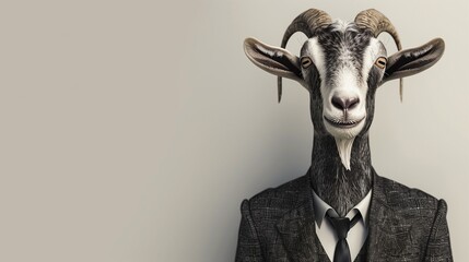 a goat wearing a suit with a tie on a plain white background on the left side of the image and the right side blank for text