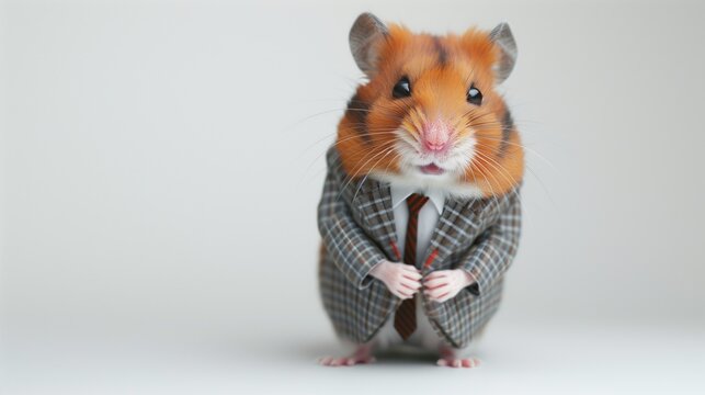 a hamster wearing a suit with a tie on a plain white background on the left side of the image and the right side blank for text