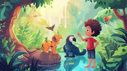 children playing in the park or zoo for children book illustration or book cover template with beautiful scenery