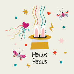 Print with a magic hat, butterflies and a magic wand. Great for fabric, textile.Vector Illustration