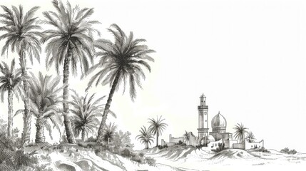 Black ink hand drawn palm tree and mosque. Eid ul Adha concept - obrazy, fototapety, plakaty