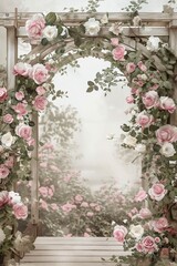 Chinese Watercolor Inspired: Garden Wooden Arch Adorned with Pink and White Roses in Soft Pink and Gray Tones