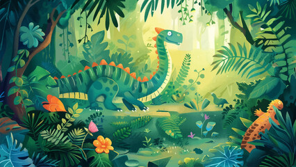A cute animal in topical jungle safari for children book illustration or cover book with beautiful scenery 