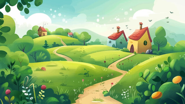 Beautiful landscape for children book illustration or cover book with beautiful scenery 