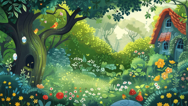 Beautiful natural background with flowers for children book illustration or cover book template with beautiful scenery