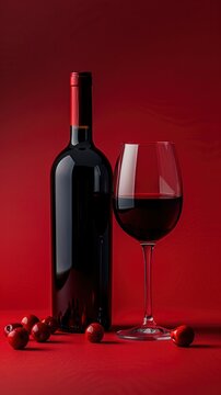 Wine bottle and glass on a red background