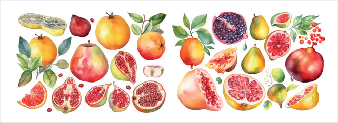 Vibrant Watercolor Illustration of Various Fresh Fruits and Berries, Whole and Sliced, Adorned with Lush Green