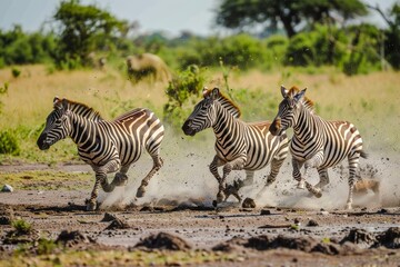 Fototapeta na wymiar A magnificent herd of zebras gallops through the savanna, their black and white stripes blending with the grass and plants of the rugged terrain