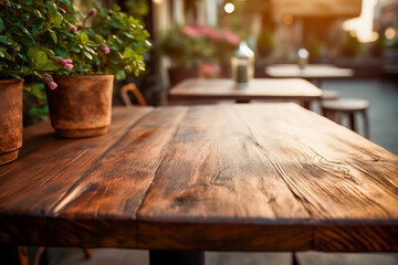 Naklejka na ściany i meble Rustic wooden table adorned with plants at a cozy outdoor cafe. For Product Display, Presentation. Selective Focus. Copy Space.