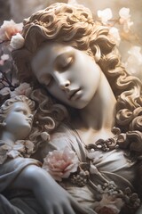 Angel statue holding a baby with flowers, close-up, toned image.