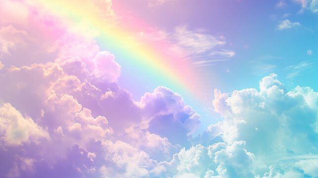A vibrant rainbow arc crossing a sky filled with fluffy clouds, a symbol of hope and positivity, suitable for inspirational content, LGBTQ themes, and creative design elements. High quality photo