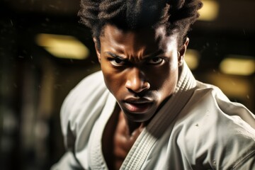 Obraz premium a martial arts practitioner in a karate class, his visage exuding determination and strength as he focuses on his training.