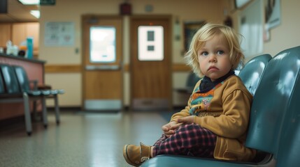 small blond boy waiting alone in the waiting room at the doctors