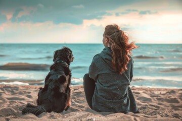 A woman and her dog enjoy the peacefulness of the beach, surrounded by the vastness of the ocean and sky