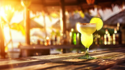 Citrus cocktail on table of beach bar, sunset light