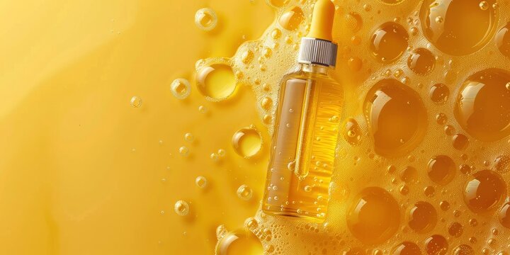 Golden Yellow Bubble Oil or Serum Isolated on Yellow Background