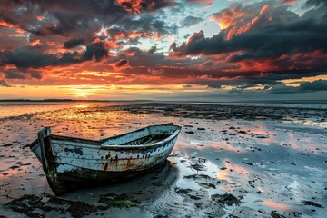 A peaceful boat rests on the sandy shore as the colorful sky transitions from sunrise to sunset, creating a stunning outdoor landscape with the ocean as its backdrop