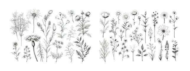 Fototapeta na wymiar Elegant Collection of Hand-Drawn Wildflowers and Plants, Detailed Botanical Illustrations in Monochrome
