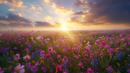 Sunrise Bursting Through Clouds Over Wildflower Meadow