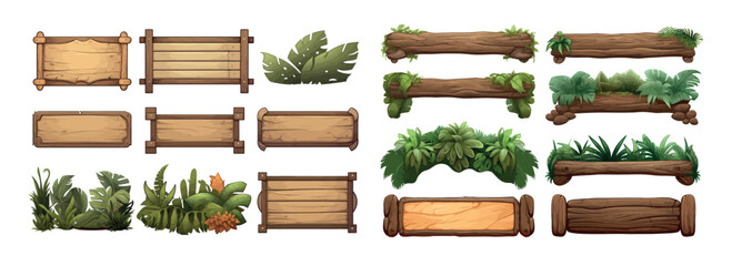 Set cartoon game panels in jungle style with space for text.   Cartoon set of wooden panels, wooden boards and direction signs with plants in forest isolated on white background - obrazy, fototapety, plakaty
