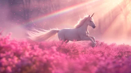 Foto auf Leinwand Magic unicorn in blossoming meadow, fairytale atmosphere © Kondor83